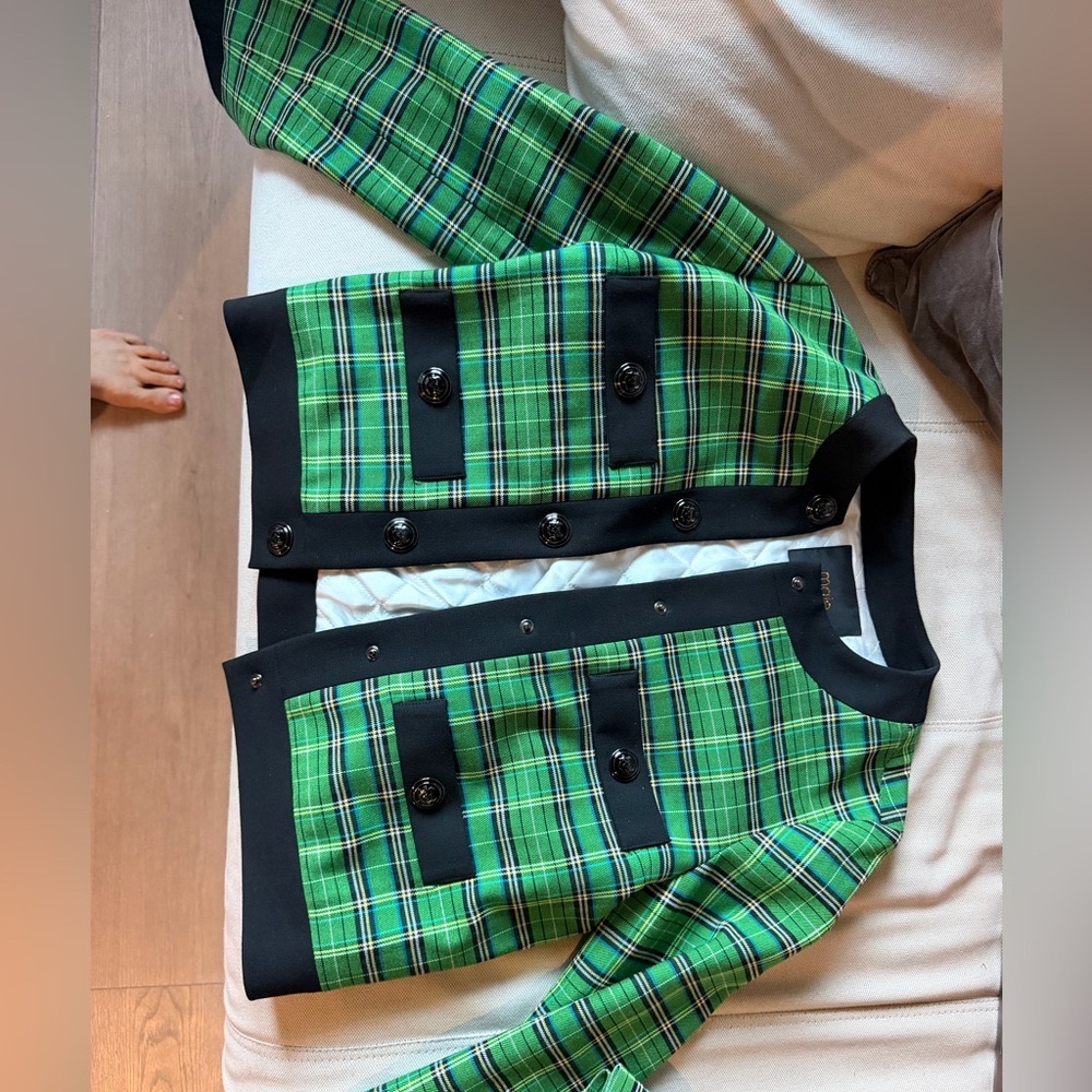 Maje Skirt Suit , Green Plaid  jacket Sz 36, skirt ( skirt sz 38- fits a 4)